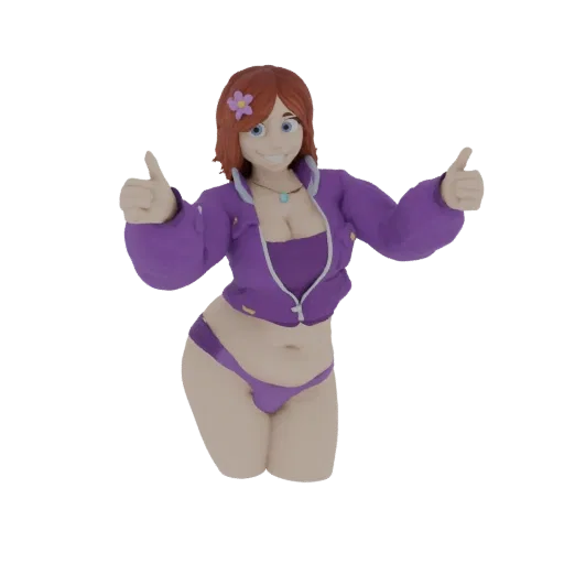 3D model of a stylized anime girl with auburn hair, wearing a purple bikini and jacket, giving a thumbs-up.