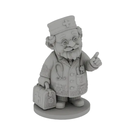 3D model of a whimsical gnome doctor wearing a coat, cap, and glasses, holding a medical bag and giving a thumbs-up.