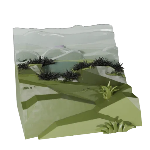 Misty Swamp Biome Low Poly 3D model, game viewport three-quarter view, showing terrain layers, mud shelves.