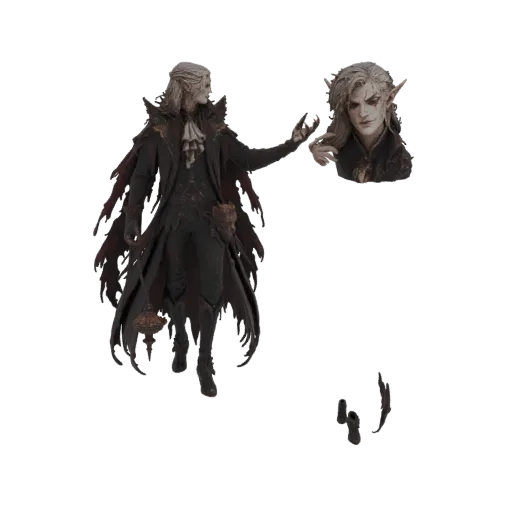 3D model of a gothic vampire lord in a dark cloak, holding a lantern, with a separate head displayed nearby.