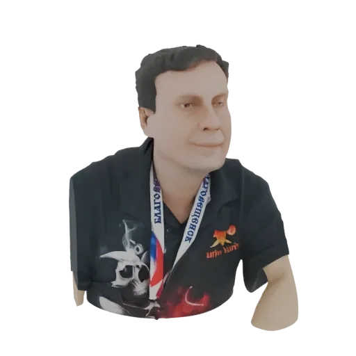 3D model of a man wearing a black t-shirt with a skull and fire graphic, and a medal around his neck.