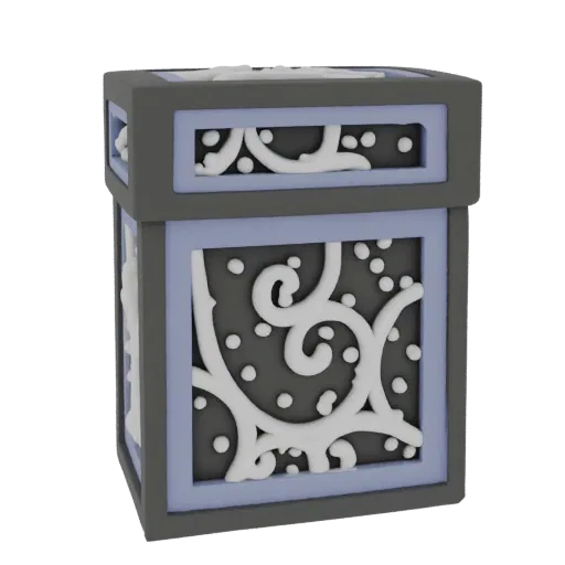 3D model of an ornate decorative box with dark grey, light blue, and white intricate scrollwork patterns.