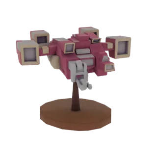 Uma renderização 3D de um modelo de nave espacial cúbica rosa e bege com bordas afiadas, montado em uma base e suporte marron