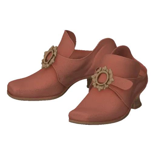 A 3D render of a pair of pink Rococo-style shoes with decorative gold buckles, shown from a slightly elevated side view.