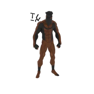Modelo 3D de un superhéroe musculoso con abdominales definidos y un traje marrón y negro, de pie en pose heroica.