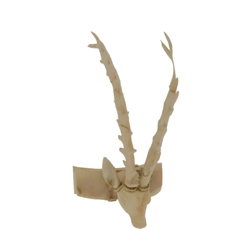 3D model render of an ornate antelope head with detailed facial features and intricately twisted horns, mounted on a decorati