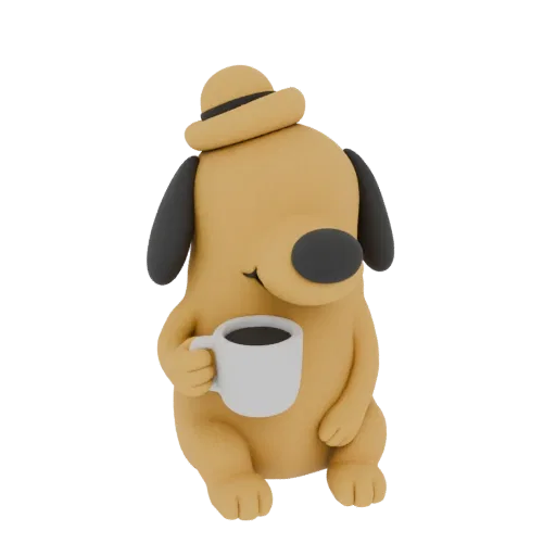 Renderização 3D de um cão de argila marrom claro usando chapéu bege e segurando uma caneca de café branca, sentado com um sor
