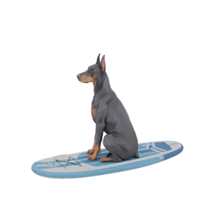 Modelo 3D de um cão Dobermann Pinscher sentado numa prancha de surf azul e branca, olhando para a esquerda.