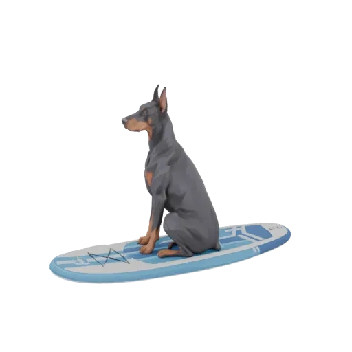3D model of a Doberman Pinscher dog sitting on a blue and white surfboard, looking to the left.