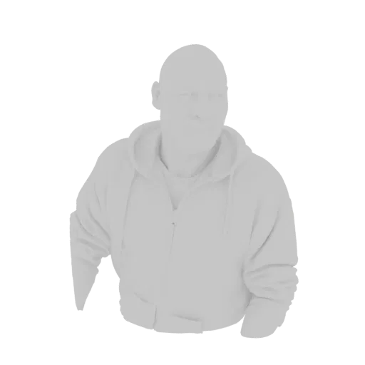 3D model render of a bald man wearing a light gray zip-up hoodie, shown from the chest up against a white background.