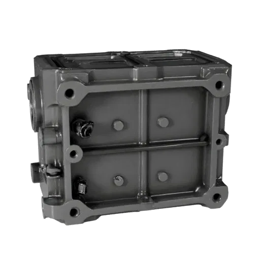 Cast Metal Gearbox Housing 3D model, side profile view, technical viewport render, showing machined metal, form detail.