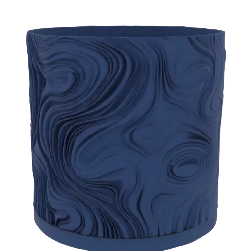 A 3D render of a deep blue cylinder planter with a textured, swirling embossed pattern on its surface, set against a black ba