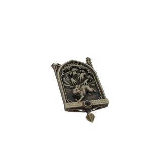 3D model render of a Gothic pendant with a rabbit fleeing a monster within an ornate archway, featuring a dark central gem.
