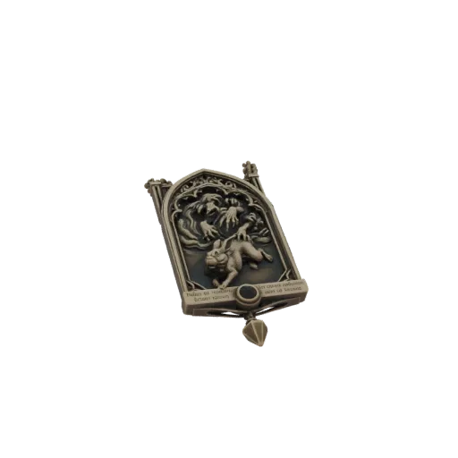 3D model render of a Gothic pendant with a rabbit fleeing a monster within an ornate archway, featuring a dark central gem.