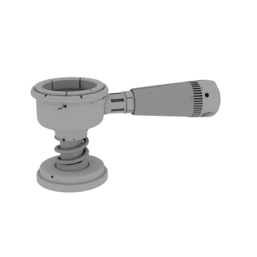 3D-Modell eines professionellen 57-mm-Espresso-Tampers mit silberner Arbeitsfläche und ergonomischem grauen Griff, mit sichtb