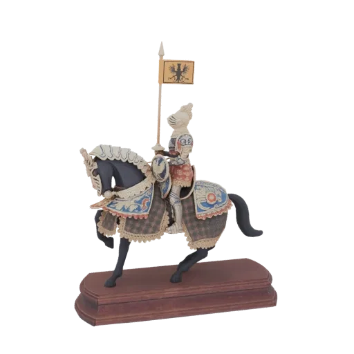3D model of a medieval knight in full armor riding a horse with a banner, on a wooden base.