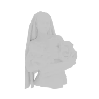 3D model render of a white sculpture depicting the Madonna holding the infant Jesus, with flowing drapery and a serene expres