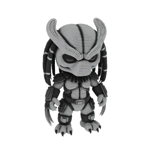 A grayscale 3D model of a chibi-style Predator, standing and looking forward, with its iconic mask and armor.