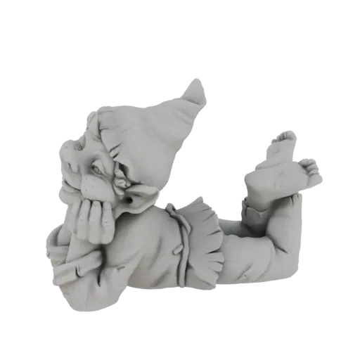 3D model render of a grey, stone-like gnome figurine reclining with its head on its hand, wearing a pointed hat and ruffled t
