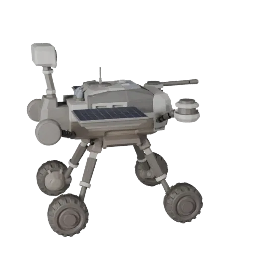 Mars Drone Scout Low Poly 3D model, game viewport three-quarter view, showing dusty wheels, vehicle stance.