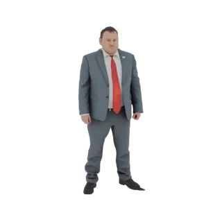 3D-Modell eines Geschäftsmanns im grauen Anzug mit roter Krawatte, der selbstbewusst vor weißem Hintergrund steht.