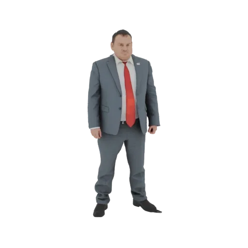 3D model of a business man in a grey suit and red tie, standing confidently against a white background.