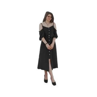 3D model of a woman standing gracefully in a black cold-shoulder dress with her hands clasped.