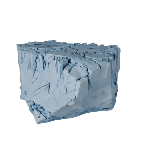 Glacier Ice Cliff Realistic 3D model, three-quarter environment render, showing stratified stone, snow banks.
