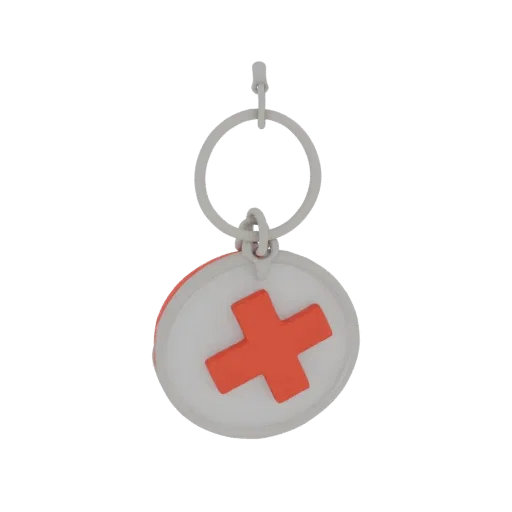3D model of a red cross keychain on a white background, attached to a ring