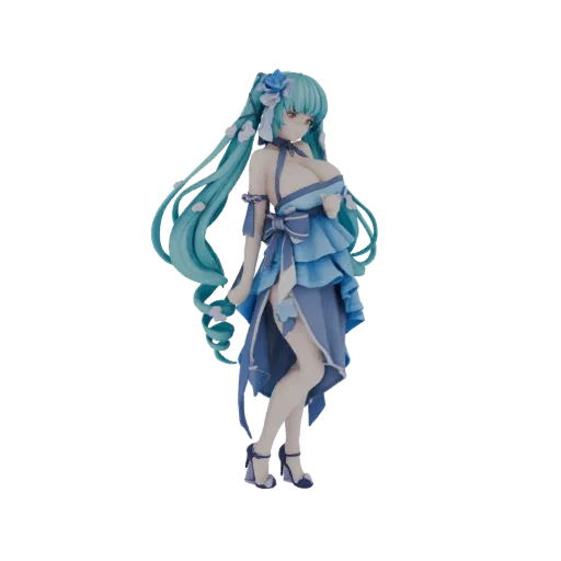 3D model of an Aqua Blossom Maiden with long teal hair, wearing a flowing blue dress adorned with flowers, in a graceful pose