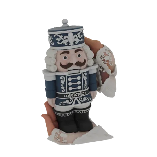 Renderizado de modelo 3D de un clásico soldado cascanueces con uniforme azul con detalles ornamentados en blanco, de pie sobr