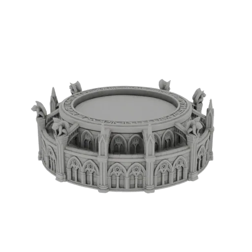 3D model of a circular Gothic arena base with ornate arches, gargoyles, and a central platform.