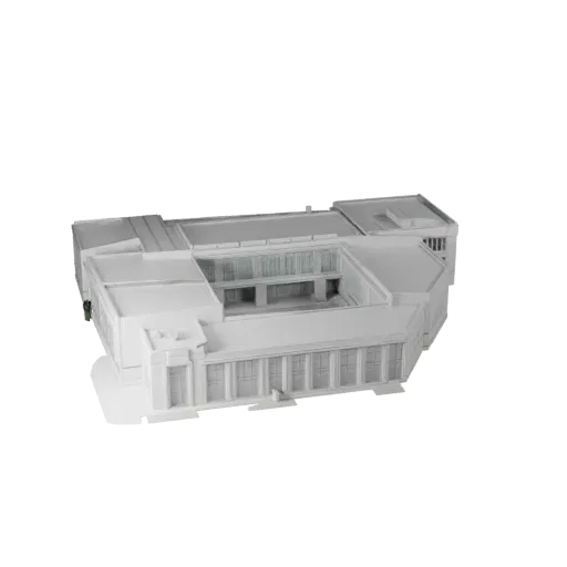 Modèle 3D STL de pavillon public imprimable, vue isométrique, montrant les matériaux du bâtiment public et les détails archit