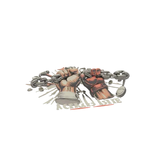 3D model of two fists breaking a metal chain, symbolizing activism and freedom.