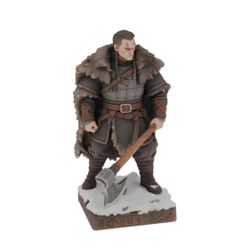 Modello 3D guerriero vichingo con mantello di pelliccia e ascia, su base innevata con rune.