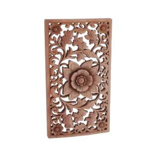 Una renderización 3D de un panel de madera tallada rectangular con un diseño floral ornamentado con una flor de loto central