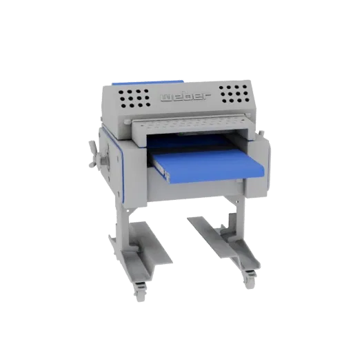 3D model of a white and blue Weber Slicer Machine with a conveyor belt, set against a black background.