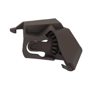 3D model of a dark gray industrial gearbox actuator with a visible cogged mechanism and mounting brackets, isolated on a whit