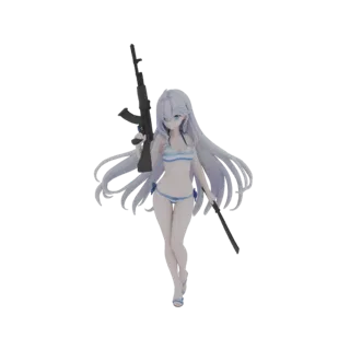 3D-Modell eines Anime-Mädchens im blau-weiß gestreiften Bikini, das ein schwarzes Sturmgewehr hält, mit langen weißen Haaren.