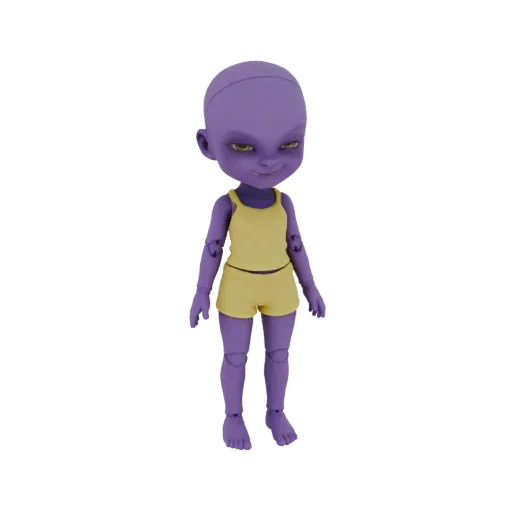 3D model of a purple doll with yellow eyes and a mischievous grin, wearing a yellow tank top and shorts.