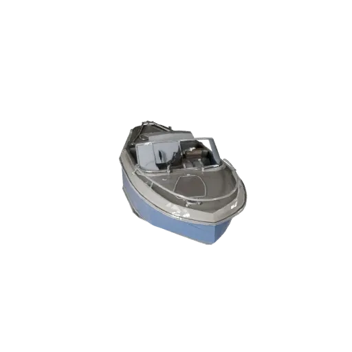 Modelo 3D de lancha vintage low poly, vista de juego a tres cuartos, asset de vehículo low-poly con líneas de casco elegantes