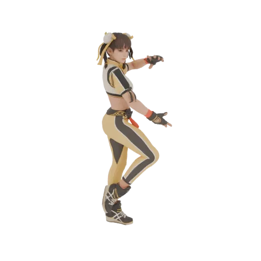 Modèle 3D de Leifang en pose dynamique, portant une tenue de sport jaune et noire, avec ses cheveux en chignons.