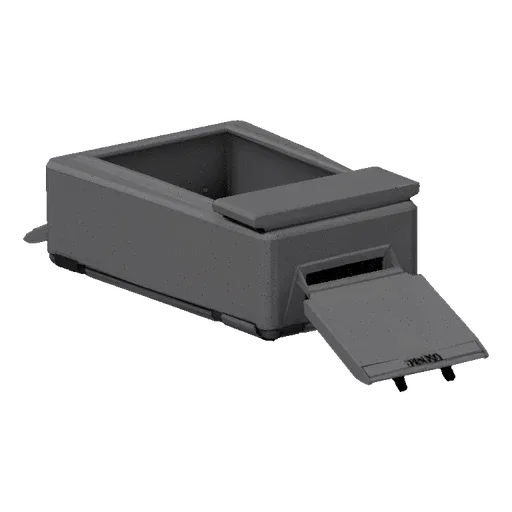 3D model of a hollow gray rectangular box with an open top and a side ramp, on a white background