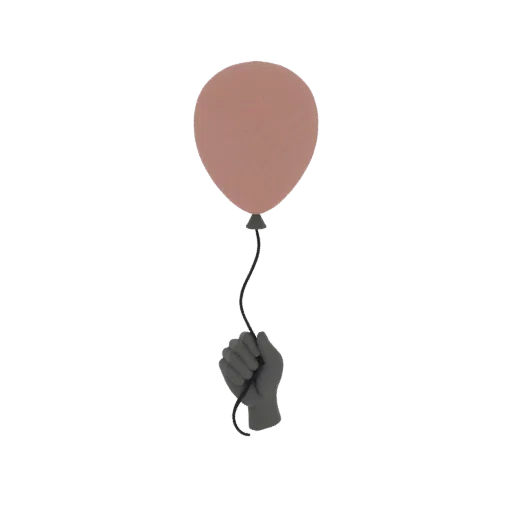 A 3D render of a dark gray hand holding a muted pink balloon by its black string against a white background.