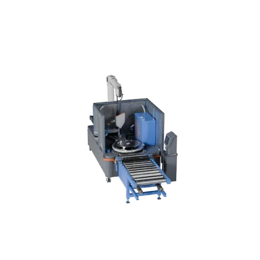Packaging Robot Cell Product Viz 3D model, three-quarter studio product render, showing painted steel, machine stations.