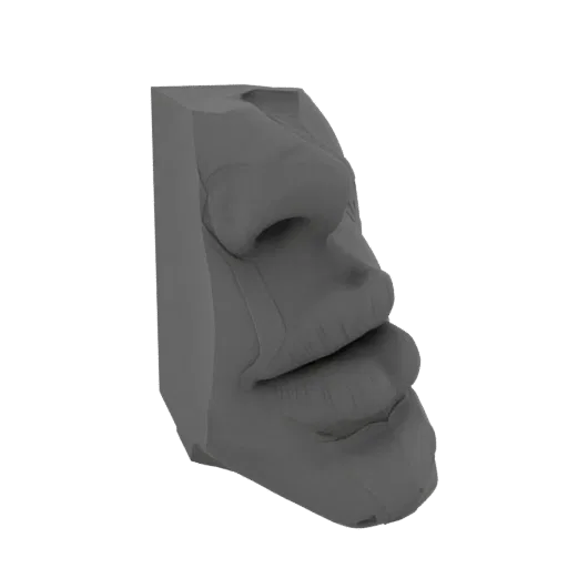 A 3D render of a gray, abstract sculpture of a face with exaggerated lips and nose, set against a white background.