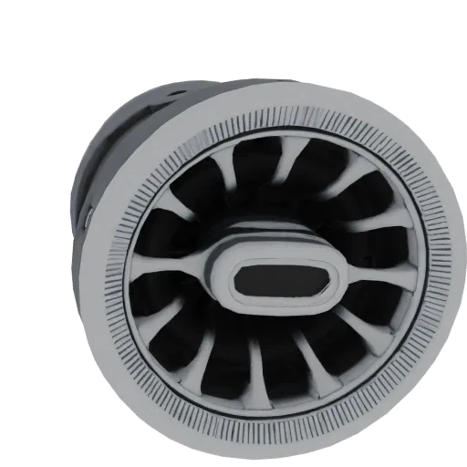 3D model of a modern car air vent with adjustable louvers and a central control element, rendered in a neutral grey tone.
