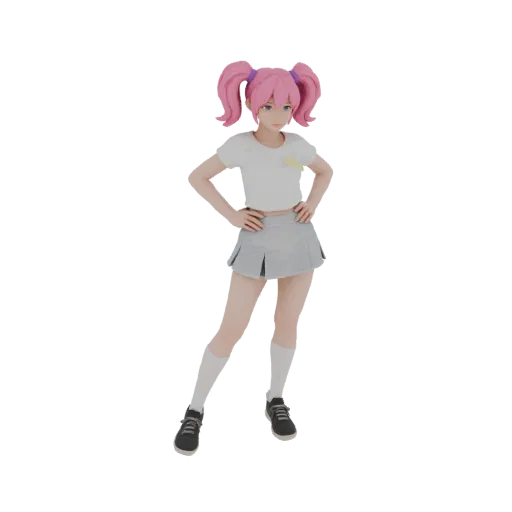 Modello 3D ragazza anime con capelli rosa, occhi azzurri, maglietta bianca e gonna grigia, su sfondo bianco
