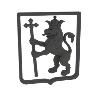 Render 3D de un león rampante gris oscuro con corona y cetro, dentro de un marco de escudo.