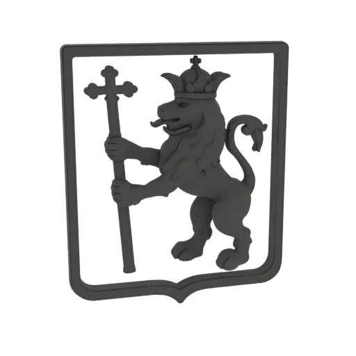 3D render of a dark gray lion rampant wearing a crown and holding a scepter, within a shield frame.